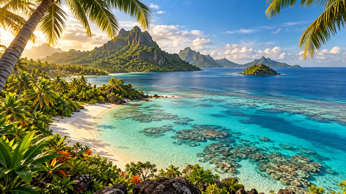 A tropical island daydream: coconut palms, white sand and a turquoise lagoon